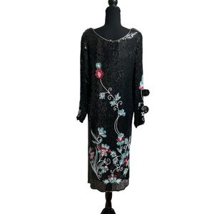 Dress, Custom, 100% Silk, Made in India, Size Medium, Floral beaded sequins